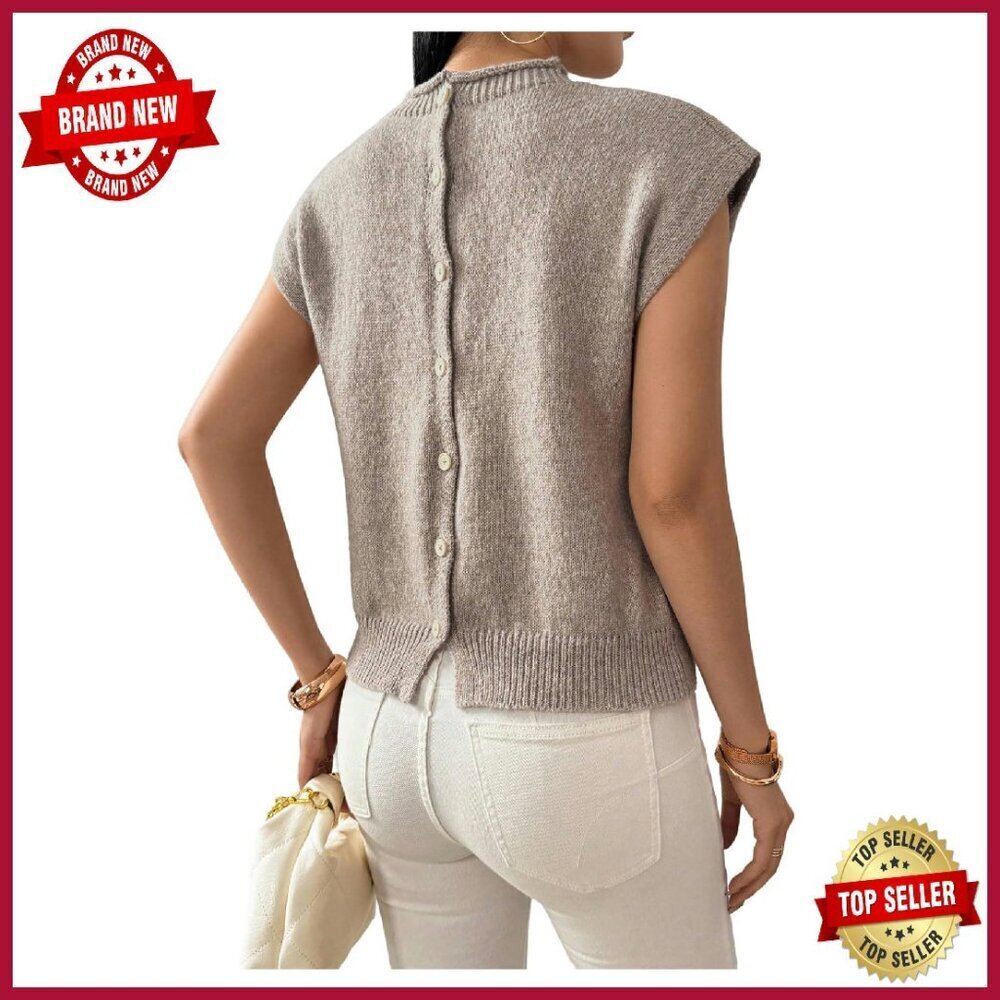 Mock Neck Cap Sleeve Button Down Knit Pullover Top